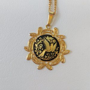 Damascene Black & Gold Bird Pendant with Chain